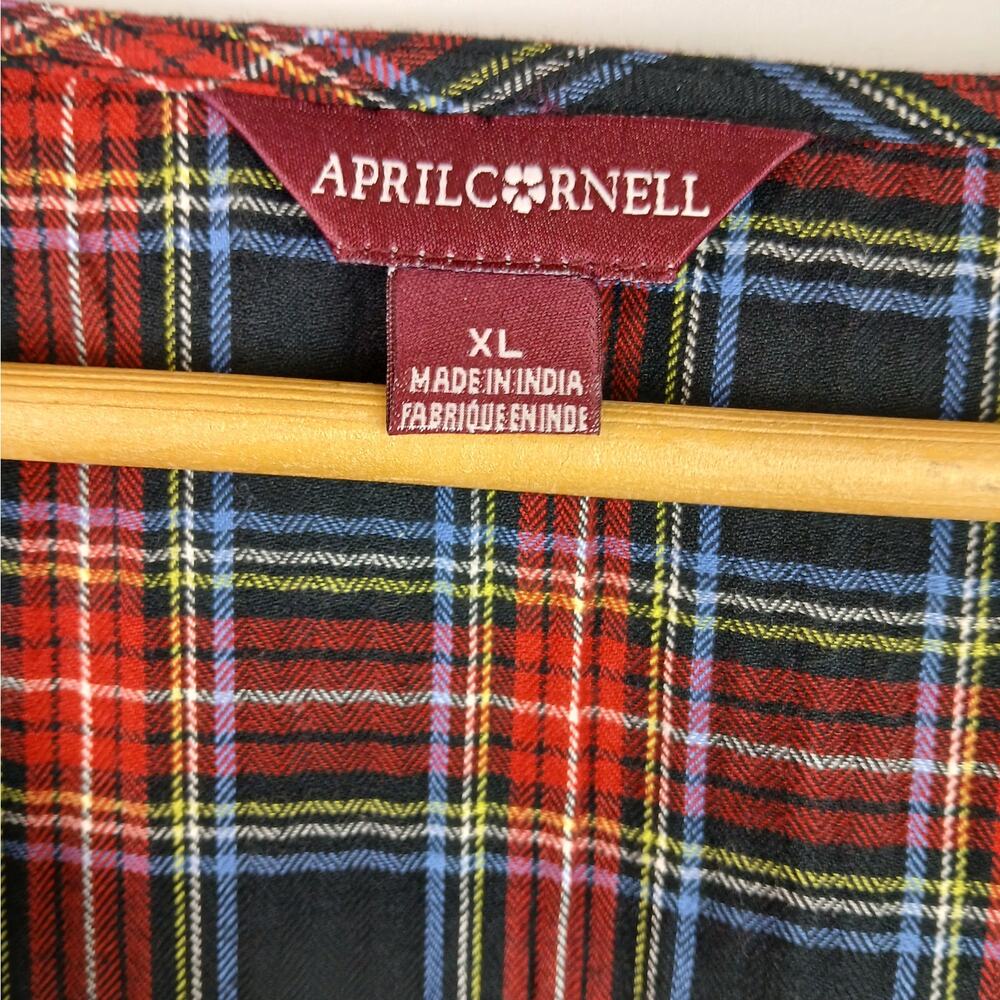 April Cornell SZ XL 100% Cotton 1/4 Button Tartan Plaid Floral Embroidered Top - Picture 4 of 5